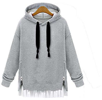 Kolylong Sweatshirt Damen Frauen Elegant Spitze Sweatshirt Kapuze Herbst Winter Verdickte Lange Pullover Warm Mantel Zipper Jacke Outwear Overcoat Tops Oberteile (L, Grau)