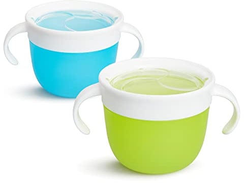 Munchkin 2 Piece Snack Catchers| Toddler Snack Box & Baby Weaning Pot| Snack Holder & Food Storage Containers| BPA Free Toddler Snack Pot| Kids Small Snack Pot Tub with Handles|No Spill - Blue/Green