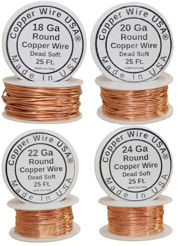 Bare Copper Wire,Dead Soft for Hobby,Craft, Jewelry Making 18,20,22, and 24Ga (Assorted 4 Sizes 25 Ft Each)