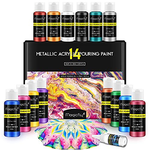 Magicfly Pouring Acrylfarbe Metallic, 14 flüssige Gießfarben 60 ml Flaschen mit Silikonöl für Leinwand, Holz, Stein, Glas, ideal für Kunstwerke, DIY-Projekte