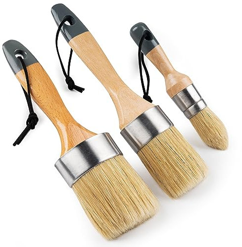Mister Rui Chalk Paint Brushes, 3 Pack Wax Brush Set, Round Paint Brush Use with All Paints, Natural Bristle Brush for Painting, Stencils, Waxing, Home Decor, DIY Art Crafts