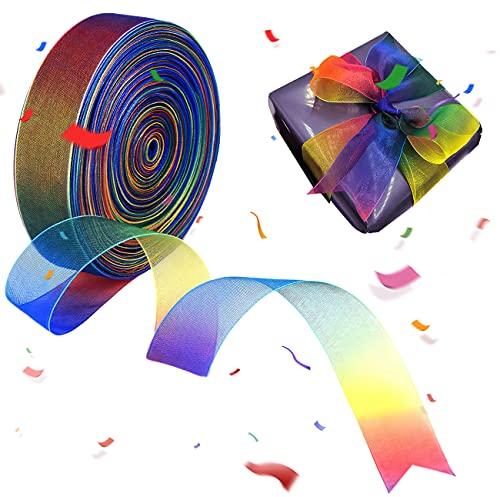 Regenbogen Geschenkband Schleifenband Breit, Organza Bänder Schimmer Sheer Satinband Dekoband, Gradient Farben Seidenband Stoff Band Hochzeit Geburtstag Weihnachten Geschenkverpackung (25Yard, 25mm)