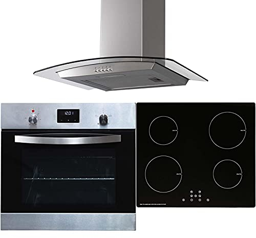 SIA 60cm SO114SS Stainless Steel Digital Single Fan Oven, INDH60BL 4 Zone Touch Control Induction Hob & CGH60SS Curved Glass Cooker Hood
