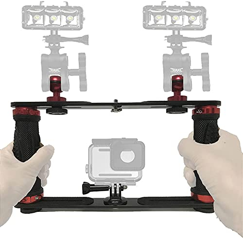Supporto per stabilizzatore subacqueo in lega di alluminio, supporto per luce video, luce subacquea, supporto con due maniglie a sfera da 2,5 cm per action cam e qualsiasi altra fotocamera con foro