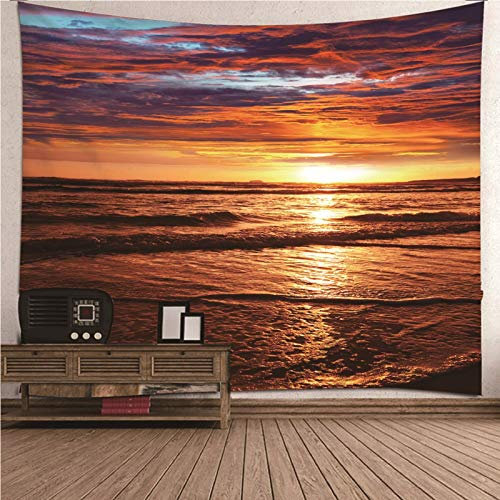 EHOMERY Wandteppich Landschaft Wanddekoration Badezimmer Orange Sonnenuntergang Am Meer Natur XXL Wandtuch Fensterblick Wandbehang Wandschmuck Groß Schlafzimmer Wohnzimmer Wanddekoration 350X256Cm