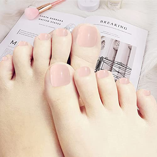 Handcess Carré brillant faux ongles d'orteil court nude rose faux pieds ongles couverture complète artificielle bâton sur pied ongles conseils pour femmes et filles (24 pièces)