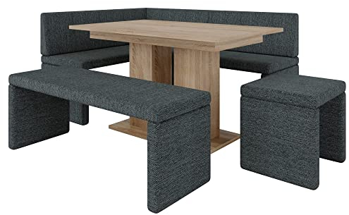 Eckbank Akiko mit Tisch und Bänken - Eckbankgruppe für Ihrem Esszimmer, Küche modern, Sitzecke, Essecke. Perfekt für Küche, Büro und Rezeption. Solide Verarbeitung (INARI 96, 196x142 rechts)