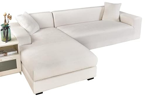 JHLD Stretch Sofabezug L Form Samt, Sofabezug L Form Samt 2 Stück weiche Sofa Abdeckung Sofa Überwürfe Mit elastischem Boden Für Hunde Katzen -Creme-4-Sitzer + 4-Sitzer