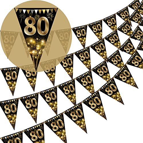 40 Stück Happy 80th Birthday Banner Wimpelkette Flaggen Gold und Schwarz Glitzer 80. Geburtstag Jahrestag Party Dekoration Supplies, 80. Geburtstag Dreieck Flagge Banner für Männer Frauen