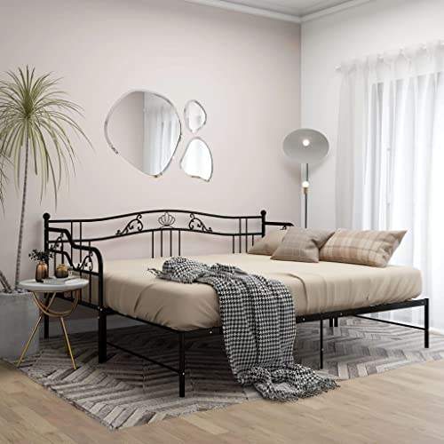 Hommdiy Ausziehsofa Bettgestell Ausziehbett Sofabett Tagesbett Schlafsofa Gästebett Bett Metallbett Bettsofa Sofa Couch Schwarz Metall 90x200 cm