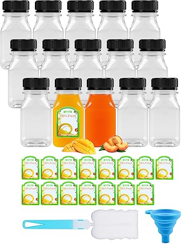 CoKeeSun 15 Pcs Juice Bottles 120ml/4oz, Shot Bottles with Lids Reusable Mini Plastic Bottle Set with Funnel, Cleaning Brushes, Stickers for Storing Juices, Drinks, Milk, Water (black)