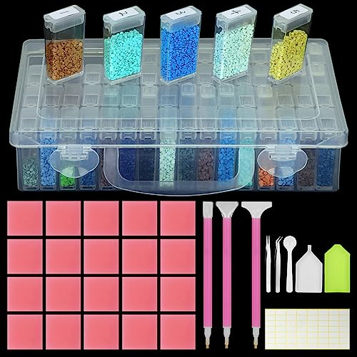 DONQL Diamond Painting Zubehör Boxen, 64 Stück Diamond Painting Set, Diamant Malerei Werkzeuge Kits Diamant Stifte Zubehör mit Stift, Pinzette, Taschen, 20PCS Klebeton, Tablett