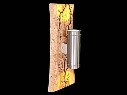 FRIESENLICHT WEDA Wandlampe Holz Wandleuchte mit Baumkante Unikat Lichtenberg Figuren rustikal Led Vintage Leuchte Eiche Massiv Up & Down dimmbar Strahler 2-flammig (2)