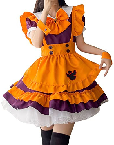 Robe de Maid Sexy pour femme - Robe d'Halloween pour femme - Vêtement festif vintage - Costume d'Halloween - Costume d'Halloween - Robe courte - Grandes tailles - Orange - 5XL