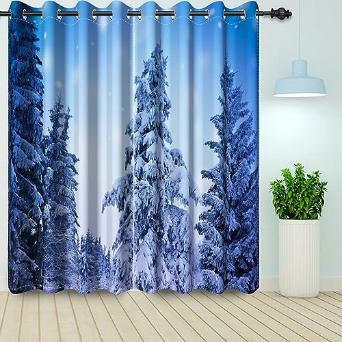 Bovlleetd Winter Weihnachten Fenster Vorhang Blau Snowy Xmas Tannenbaum Wald Landschaft Dekorative Blackout Zimmer Verdunkelung Fenster Vorhänge 2 Stück 140x175cm