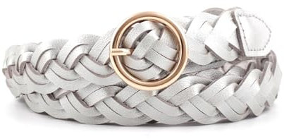 NEFLUM 110cm Damen-Pu-Leder-Flechtgürtel, 2,3cm breiter Gürtel, goldener Dornschließe-Gürtel, lässiger Jeans-Kleidergürtel, Silber, 110x2.3cm