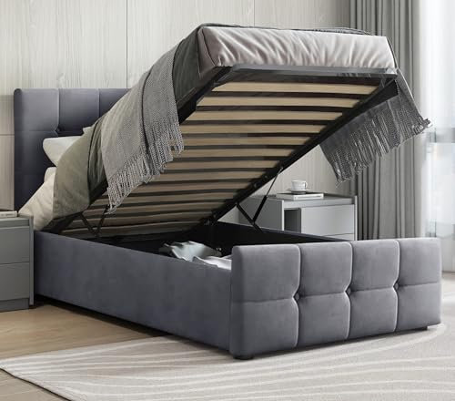 Upholstered Ottoman Bed Single Bed Frame UKFR Velvet Dark Grey Ottoman Storage Bed with Gas Lift End Opening Wooden Slats with Storage Bed (3ft Single 90 x 190, No Mattress)