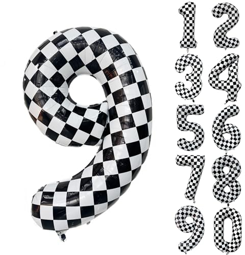 Karierter Geburtstag Ballon, Zahlen Luftballon 9, Schwarz-Weißer Zahlenballon, Riesen Folienballon Zahl 9 für Jungen Mädchen Geburtstag Party Autos Party Dekoration 9 jahre Geburtstagsdeko