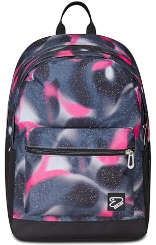 Seven Wende-Rucksack, Schulranzen für Mädchen und Jungen, Tornister Schule Gymnasium Sport Freizeit, mit Flaschenfach, Laptopfach, mit Kopfhörern, gepolstert, extra Tasche, grau-pink-schwarz