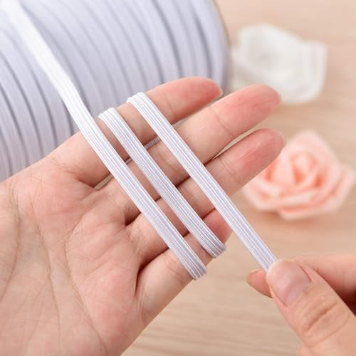 20m x 6mm - 1/4 White Quarter inch 8 Cord Flat Elastic Band for Sewing DIY Mask, Arts and Crafts, Dressmaking, Haberdashery and Clothing Material 20 Meter / 22 Yard
