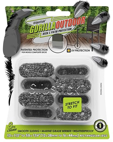 Slipstick GorillaOutdoor Berber Furniture Leg Pads with Transparent Weather Resistant Sleeve for Medium Rectangular Legs, Pack of 8