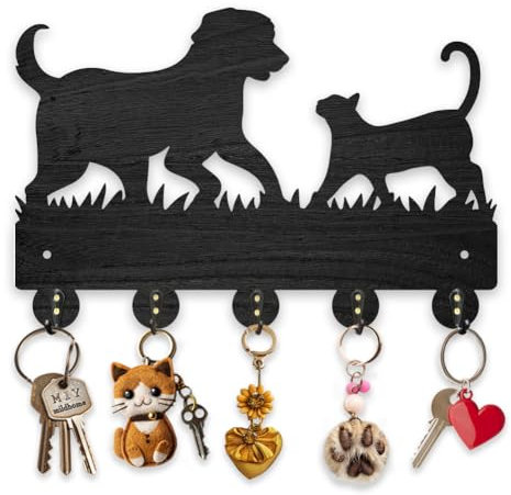 MAYJOYDIY Porte Clés Mural Décoratif avec 5 Crochets Animal Chat Chien 30*20cm Support en Bois pour Entrée Couloir Cuisine Chambre Décor Cadeau