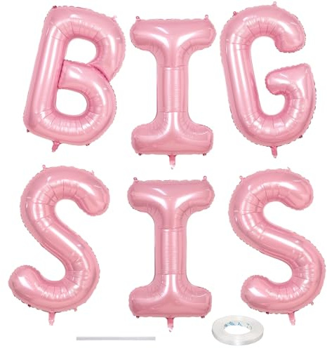 40 Inch Pastel Pink BIG SIS Letter Balloons, Pearl Pink BIG SIS Balloon Letters with Ribbon, Light Pink Baby Girls Alphabet Balloon for Her Baby Shower Birthday Gender Reveal Party Decoration Supplies