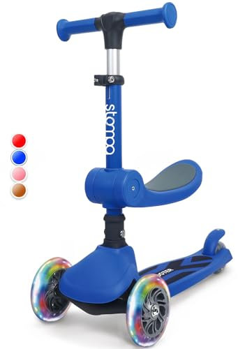 Stompa Kinder Roller Scooter ab 2 Jahren | 3-Rad Kinderroller mit LED Leuchtenden Räder und Sitz | Höhenverstellbarer Tretroller | Faltbar 2-EIN-1 Dreiradscooter für Jungen und Mädchen