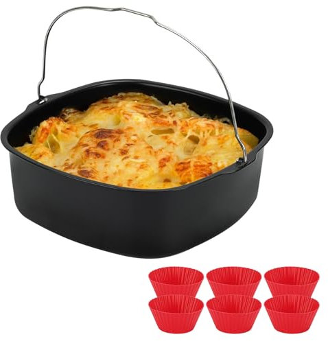 8inch Square Non Stick Cake Mold Air Fryer Liners Pan Stainless Steel Baking Tray Pan Roasting Basket Bakeware Mold Fryer Accessorie(with 6 Mugs)