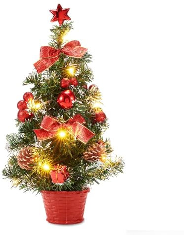 KUWUNG Kleiner Weihnachtsbaum Mit Beleuchtung, 40CM Mini Weihnachtsbaum mit LED Lichtern,Weihnachtskugeln und Ornamenten,Desktop Deko Künstlicher Weihnachtsbaum Klein mit LED Lichtern(Rot)