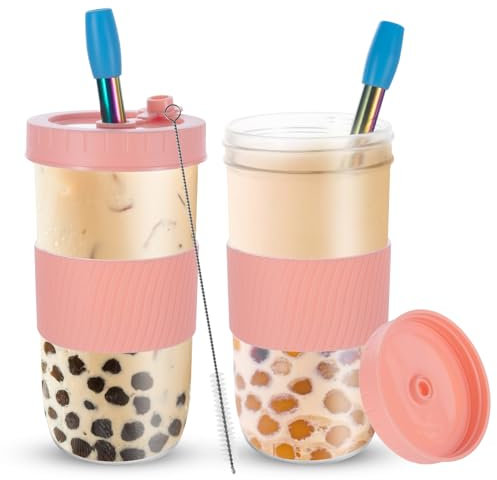 Esilihom 2 Pack Reusable Bubble Tea Cup, 730ml/24oz Bubble Tea Cup with Straw and Lids, Wide Mouth Leakproof for Smoothie Boba Ice Coffee Drinks(Pink)