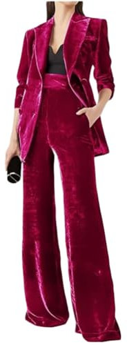 Completo da donna in velluto da 2 pezzi, con risvolto a punta, doppiopetto, blazer e pantaloni da lavoro, Fucsia, XXL