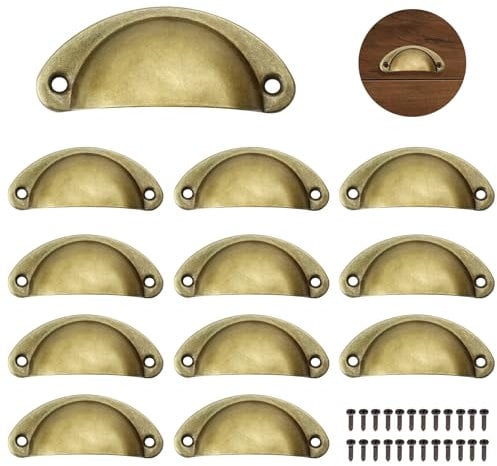 12 Pcs Vintage Shell Cup Drawer Handles Antique Brass Pull Handles Semi Circle Retro Cupboard Handles Brass Half Moon Cabinet Handles For Kitchen Wardrobe Cabinet Cupboard Chest Closet Dresser Door