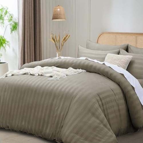 funky gadgets Single Duvet Cover Set Beige, Microfiber Satin Stripe Duvet Cover Luxury Hotel Bedding Sets with Pillowcase Breathable Ultra Soft Reversible Quilt Covers.