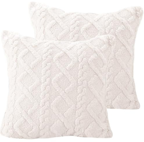 CutitiUU 2er Set Kunstpelz Kissenbezüge 45x45 cm,Plüsch-Kissenbezug,Kissenbezüge,weicher Plüsch,Diamant-Design,weicher Plüsch-Kunstfell,Boho,für Sofa,Schlafzimmer,Auto (Weiß)