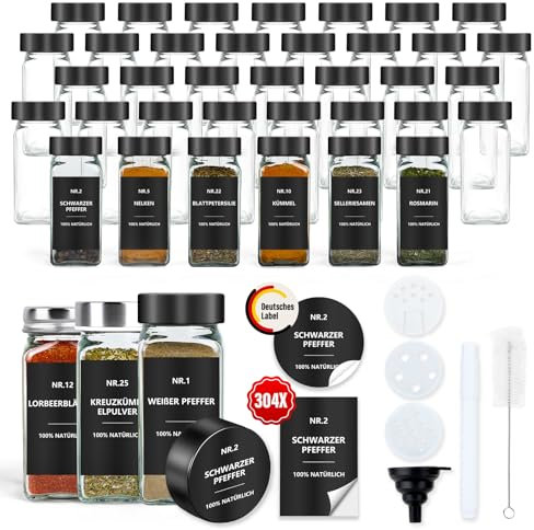 Gewürzgläser Eckig mit Etiketten Set 36er: Kleine Gewürzdosen Glas 120ml mit Streueinsatz Wasserfeste Labels - Aufbewahrung von Gewürzaufbewahrung für die Küche Schublade - Gewürzstreuer Schwarz