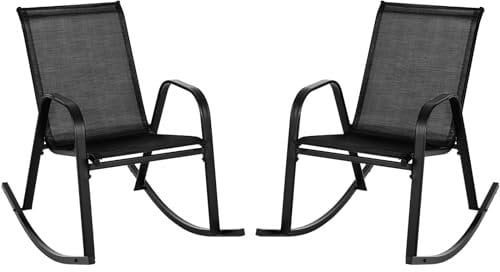 KOMFOTTEU 2-teiliges Schaukelstuhl, Relaxsessel aus Metall & Texteline, Relaxstuhl mit Armlehnen & rutschfesten Gummifüßen, Gartenschaukel bis 150 kg belastbar für Garten Pool Veranda (Schwarz)