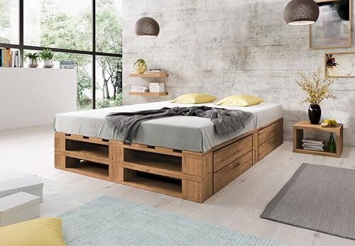 Lermowood Palettenbett M2 aus Holz 200 x 200 cm Eiche mit Lattenrost und 2 Bettkästen Holzbett 30cm Stabiles Seniorenbett Kinderbett Jugendbett Gästebett erhöhtes Bettgestell Futonbett Komforthöhe
