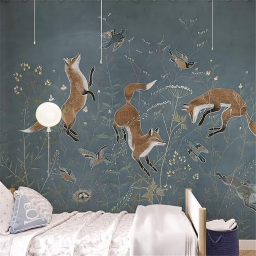 XLMING Plante Oiseau Renard Retro Cartoon 3D Papiers Peints Maison Salle à Manger Bureau D'étude Canapé Chambre Salon TV Mur-300cm×210cm