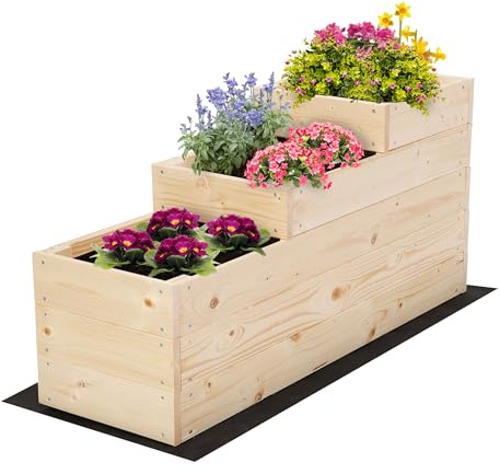 MODO24 Hochbeet Holz, 3-stufiger Pflanzkasten, Blumenkasten, Gemüsebeet, Kräuterbeet, Anzuchtkasten, mit Gartenvlies als Unterlage und Schrauben, Abmessungen 45x30x93 cm, Farbe: Natur imprägniert
