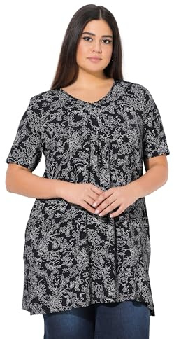 Ulla Popken Damen große Größen Übergrößen Plus Size Longshirt, floraler Druck, V-Ausschnitt, Halbarm, Taschen schwarz 46+ 840042100-46+