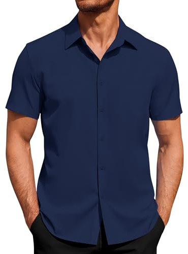 J.VER Mens Short Sleeved Shirts 4-Way Stretch Casual Shirt Regular Fit Non Iron Business Dress Summer Button Down Shirts Navy Blue M
