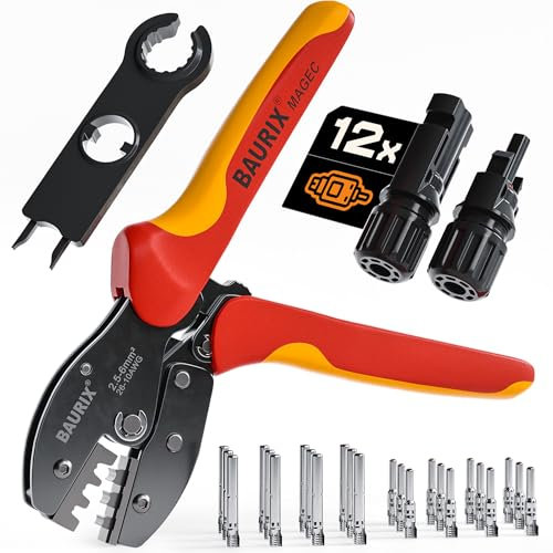 BAURIX® Set di pinze crimpatrici solari per cavi PV 2,5 – 6 mm² – con spina solare e strumento – IP68 impermeabile – per impianti fotovoltaici e professionisti