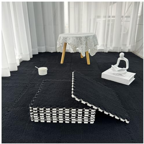 FYYSJW 12pcs/Set, Plush Puzzle Foam Floor Mat Soft Fluffy Interlocking Square Foam Tiles Area Rugs Carpet for Parlor Bedroom Decoration,Black