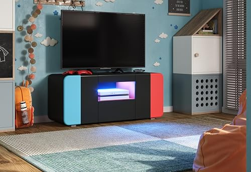TV-Lowboard LevelUp Außen Schwarz & Rot & Blau Lac · B 115 x H 49 cm | B 115 x H 49 x T 42 cm · Soft-Close-Dämpfer · 2 Türen, 1 Schublade, 1 offenes Fach