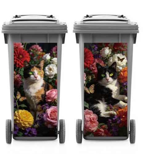 ANATTASOUL 2Pcs Cats Flower Animal Wheelie Bin Stickers for Bins Decorative | Waterproof,Dustbin Cover,14.9x 32.2,Adhesive,Large,Funny Decal for Bins, Fridge, Wall, Garden Outdoor, Indoor Decoration