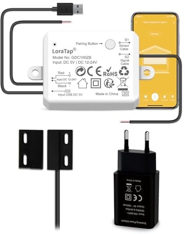 LoraTap ZigBee Smart Control de garaje | Módulo relé integrado con sensor Reed | USB 5V/DC 12-24V | Compatible con Tuya App/Alexa | Instalación de 15 minutos