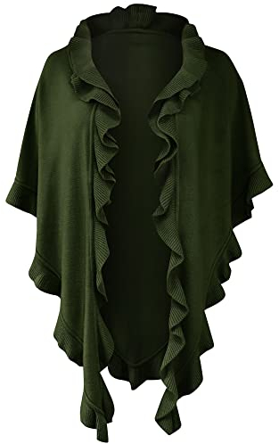 Poncho Cape Trachtentuch Umhang Stola Schultertuch Trachten-Tuch Damen Strickponcho Tracht Strick Trachtenponcho gestrickt Überwurf Volants Rüschen Schal Cashmink, Farbe:olivgrün