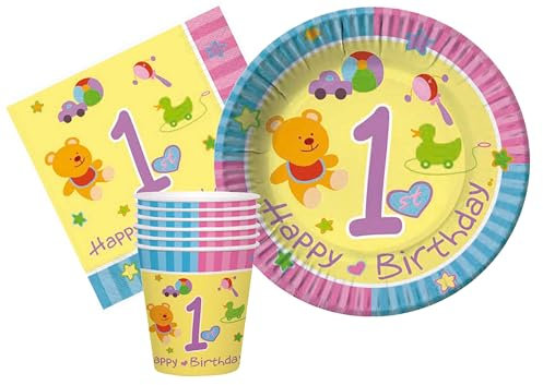 Kit Party Tavola Primo Compleanno per 10 persone (40 pezzi: 10 piatti carta Ø18cm, 10 bicchieri plastica 200ml, 20 tovaglioli carta 33x33cm)