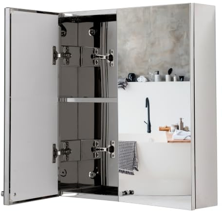 Croydex Carra 50 x 45cm Bathroom Mirror Cabinet - No Assembly Required | Compact Ideal for Small Bathrooms | Stainless Steel Carcass | 1 Fixed Shelf | Mirrored Doors with Pin Handle